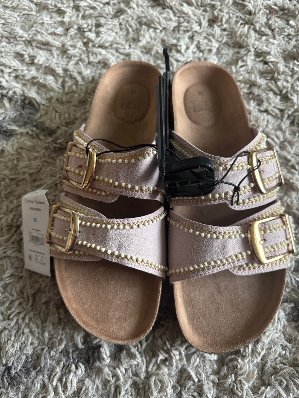 Time and Tru Pink Beaded Double-Buckle Slide Sandals